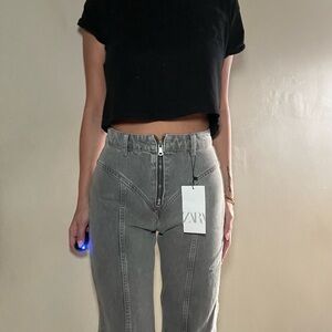 Zara Black Crop Top and Gray High-Waisted Jeans